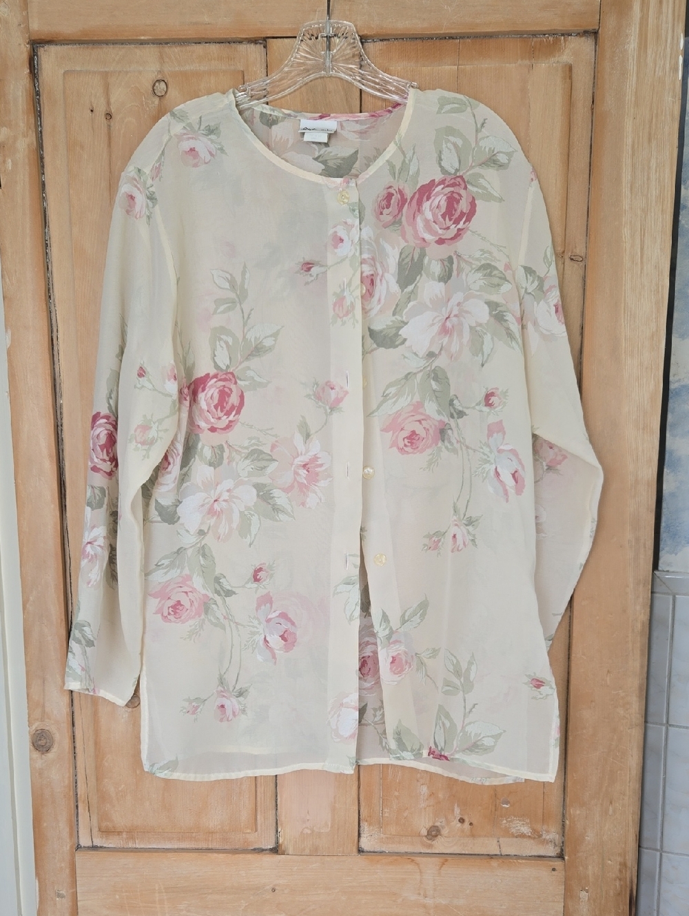 Vintage Floral Button-Front Sheer Blouse - Cream with Pink Roses